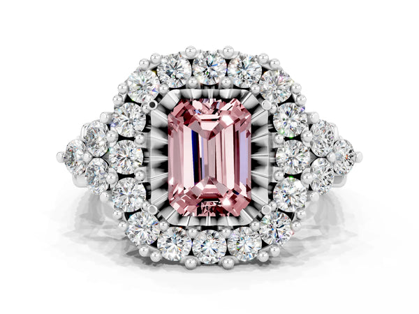 Platinum Emerald Cut Morganite Halo Ring with Pavé Band and Four-Prong Setting