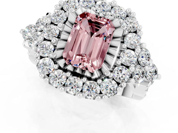 Platinum Emerald Cut Morganite Halo Ring with Pavé Band and Four-Prong Setting