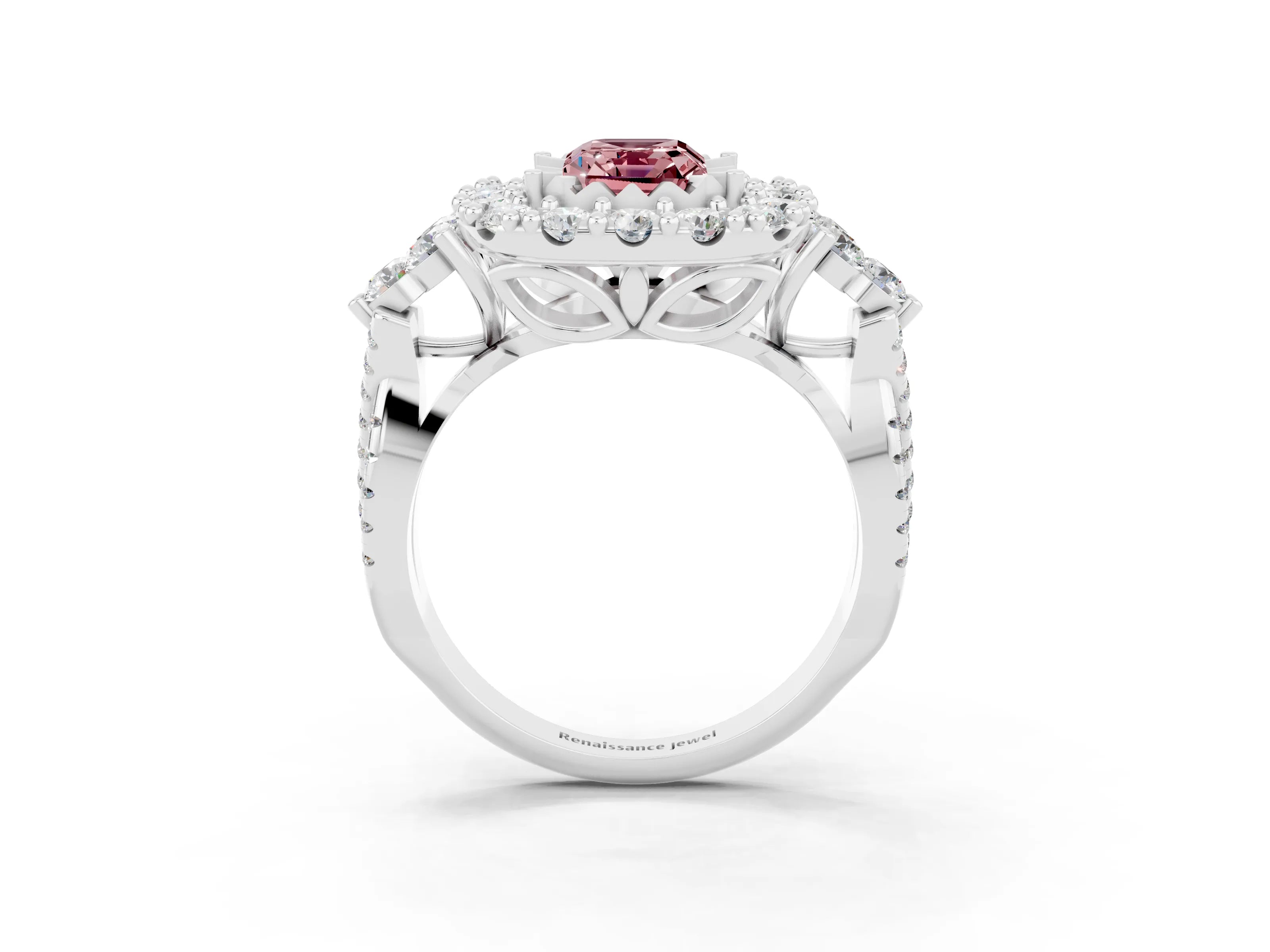 White gold Emerald Cut Morganite Halo Ring with Pavé Band and Four-Prong Setting_39