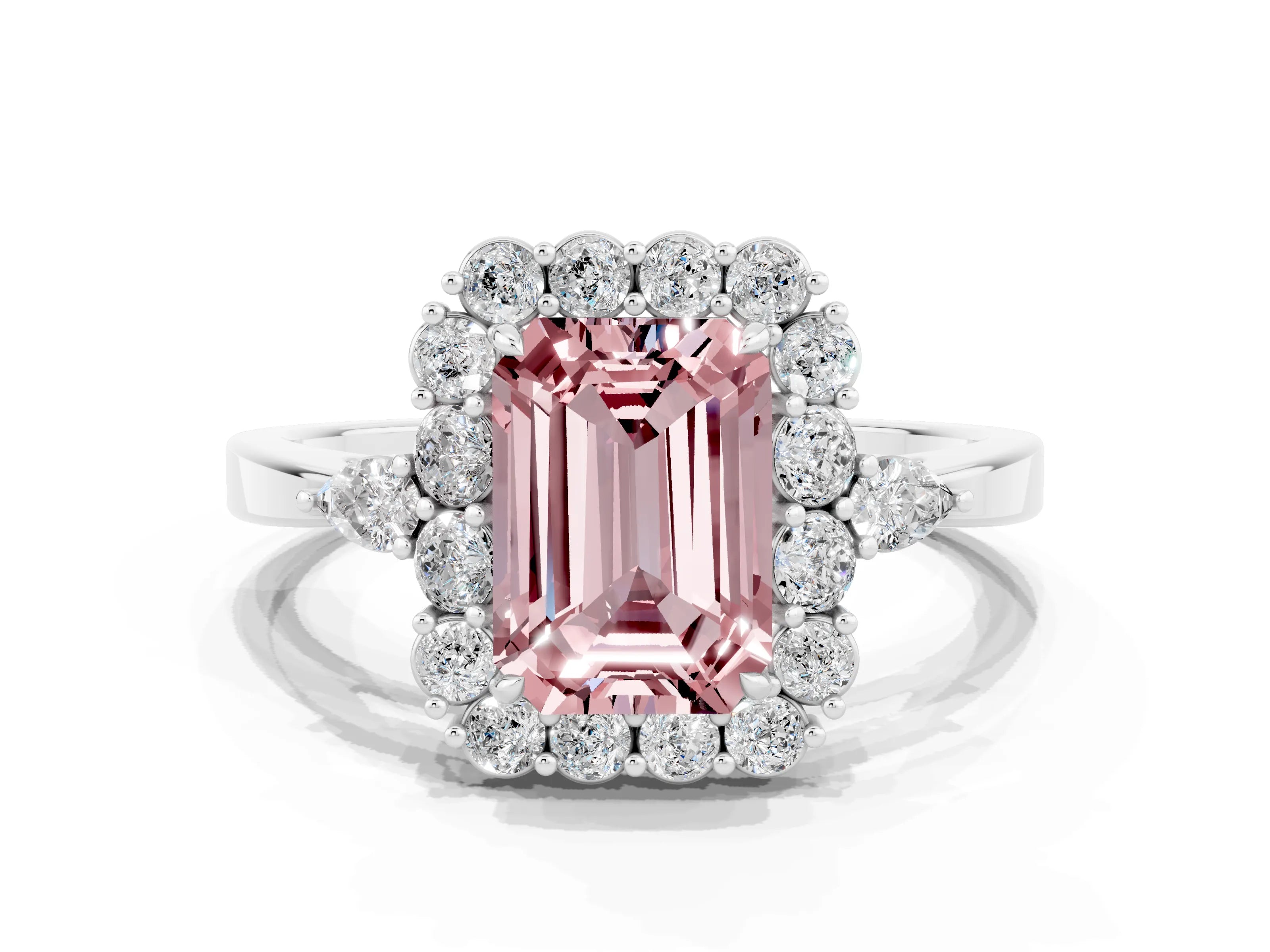 White gold Emerald Cut Morganite Halo Ring with Pear Side Stones and Prong Setting_24