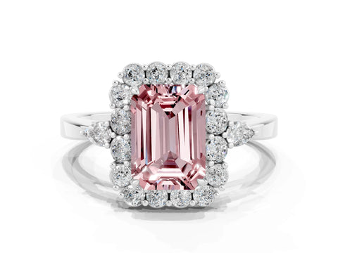 White gold Emerald Cut Morganite Halo Ring with Pear Side Stones and Prong Setting_24