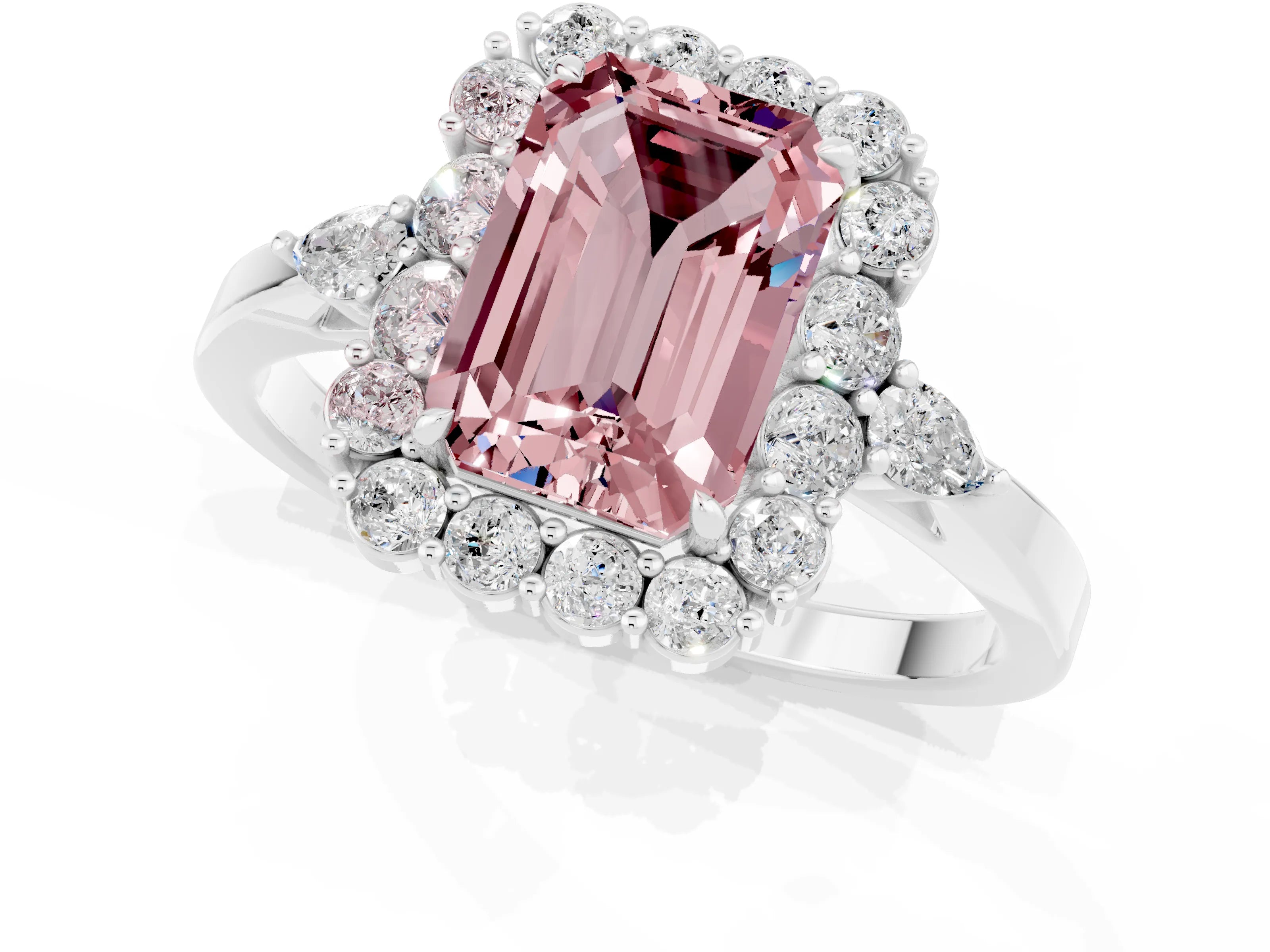 White gold Emerald Cut Morganite Halo Ring with Pear Side Stones and Prong Setting_25
