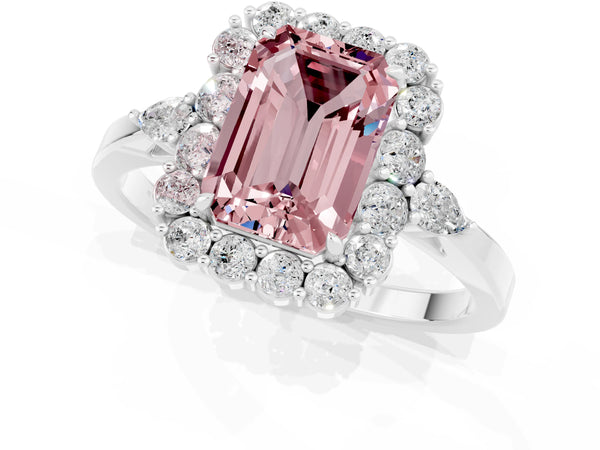 White gold Emerald Cut Morganite Halo Ring with Pear Side Stones and Prong Setting