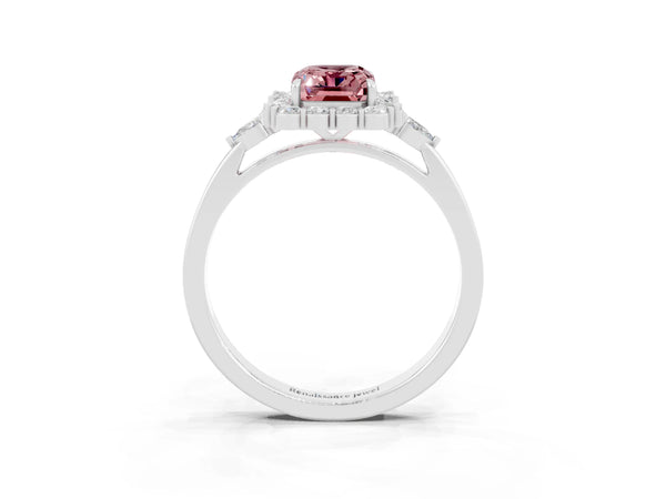 White gold Emerald Cut Morganite Halo Ring with Pear Side Stones and Prong Setting
