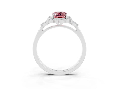 White gold Emerald Cut Morganite Halo Ring with Pear Side Stones and Prong Setting_27