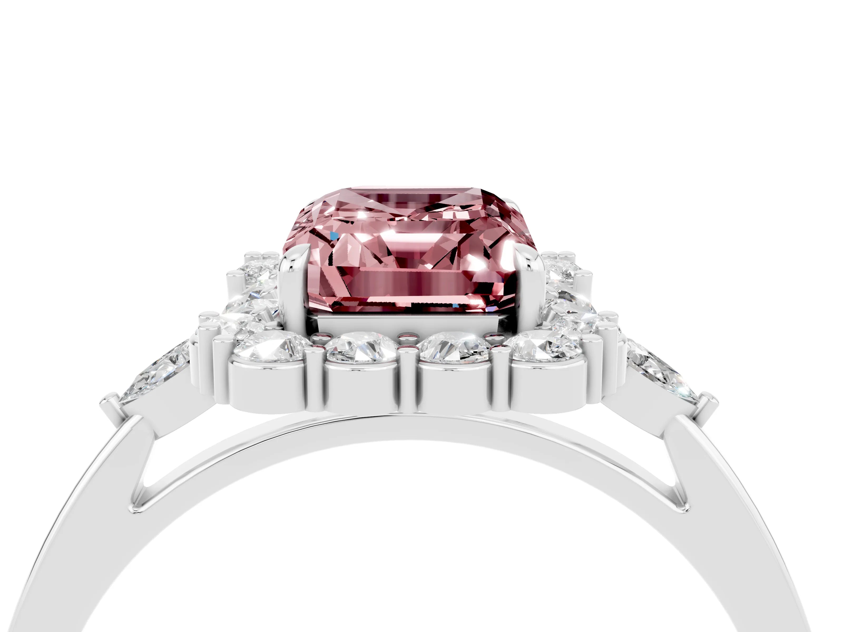 White gold Emerald Cut Morganite Halo Ring with Pear Side Stones and Prong Setting_28