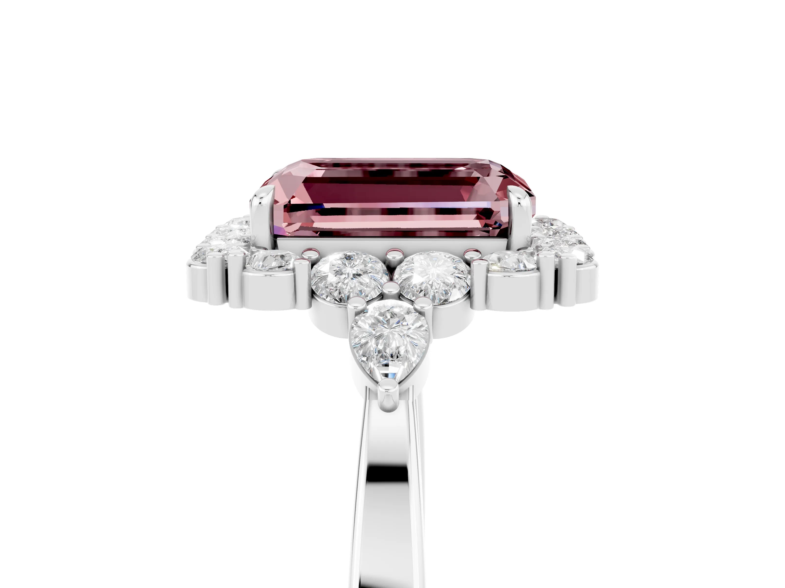 White gold Emerald Cut Morganite Halo Ring with Pear Side Stones and Prong Setting_29