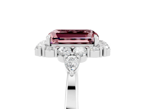 White gold Emerald Cut Morganite Halo Ring with Pear Side Stones and Prong Setting_29