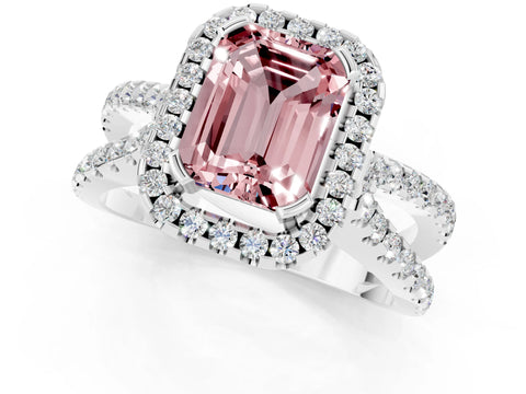White gold Emerald Cut Morganite Halo Ring with Split Shank Pavé Band and Prong Setting_1