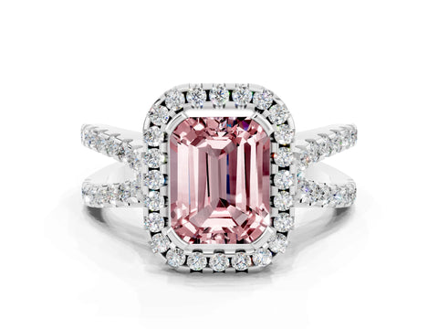 White gold Emerald Cut Morganite Halo Ring with Split Shank Pavé Band and Prong Setting
