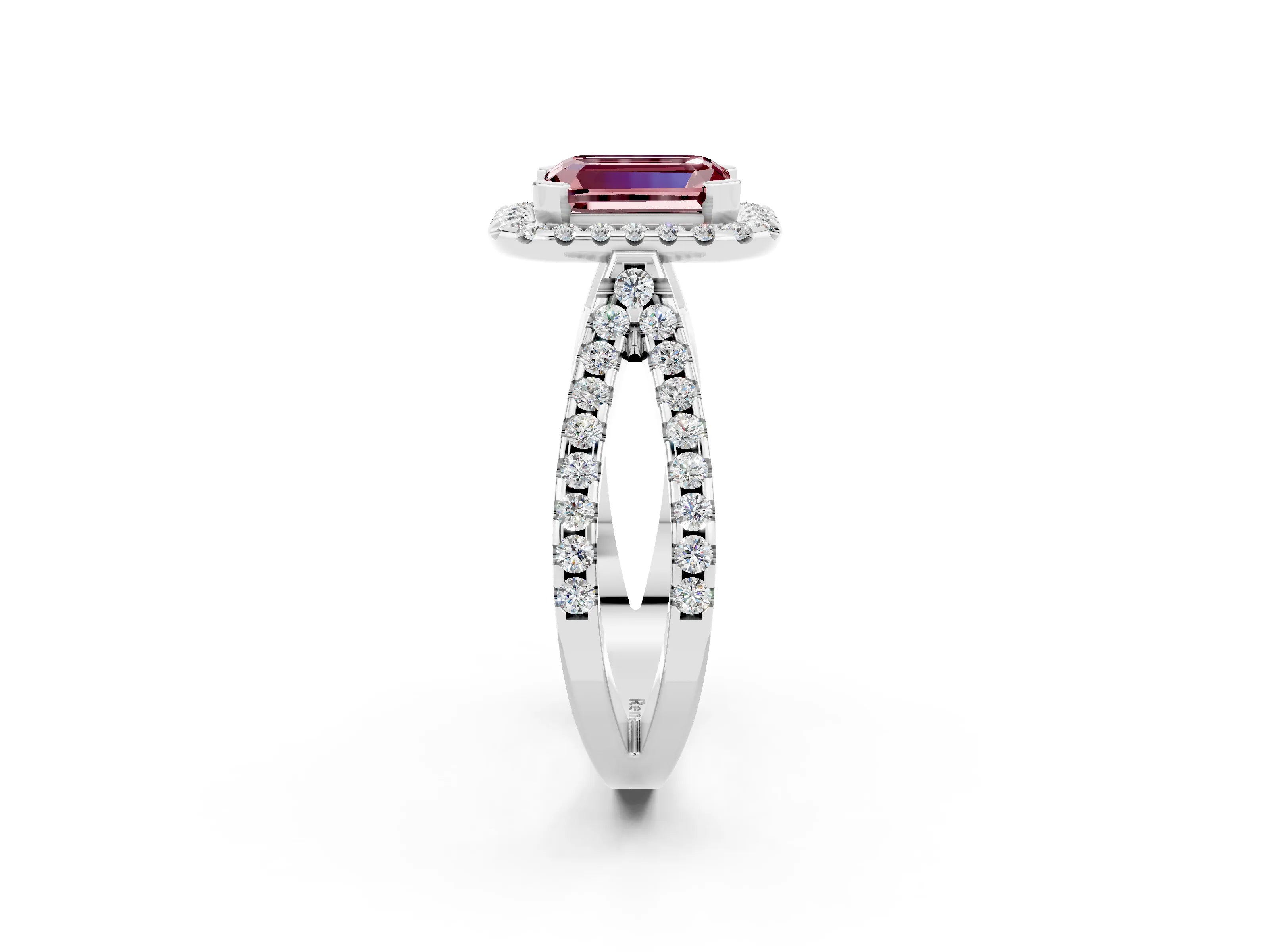 White gold Emerald Cut Morganite Halo Ring with Split Shank Pavé Band and Prong Setting_2