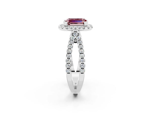 White gold Emerald Cut Morganite Halo Ring with Split Shank Pavé Band and Prong Setting