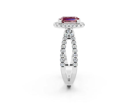 White gold Emerald Cut Morganite Halo Ring with Split Shank Pavé Band and Prong Setting_2
