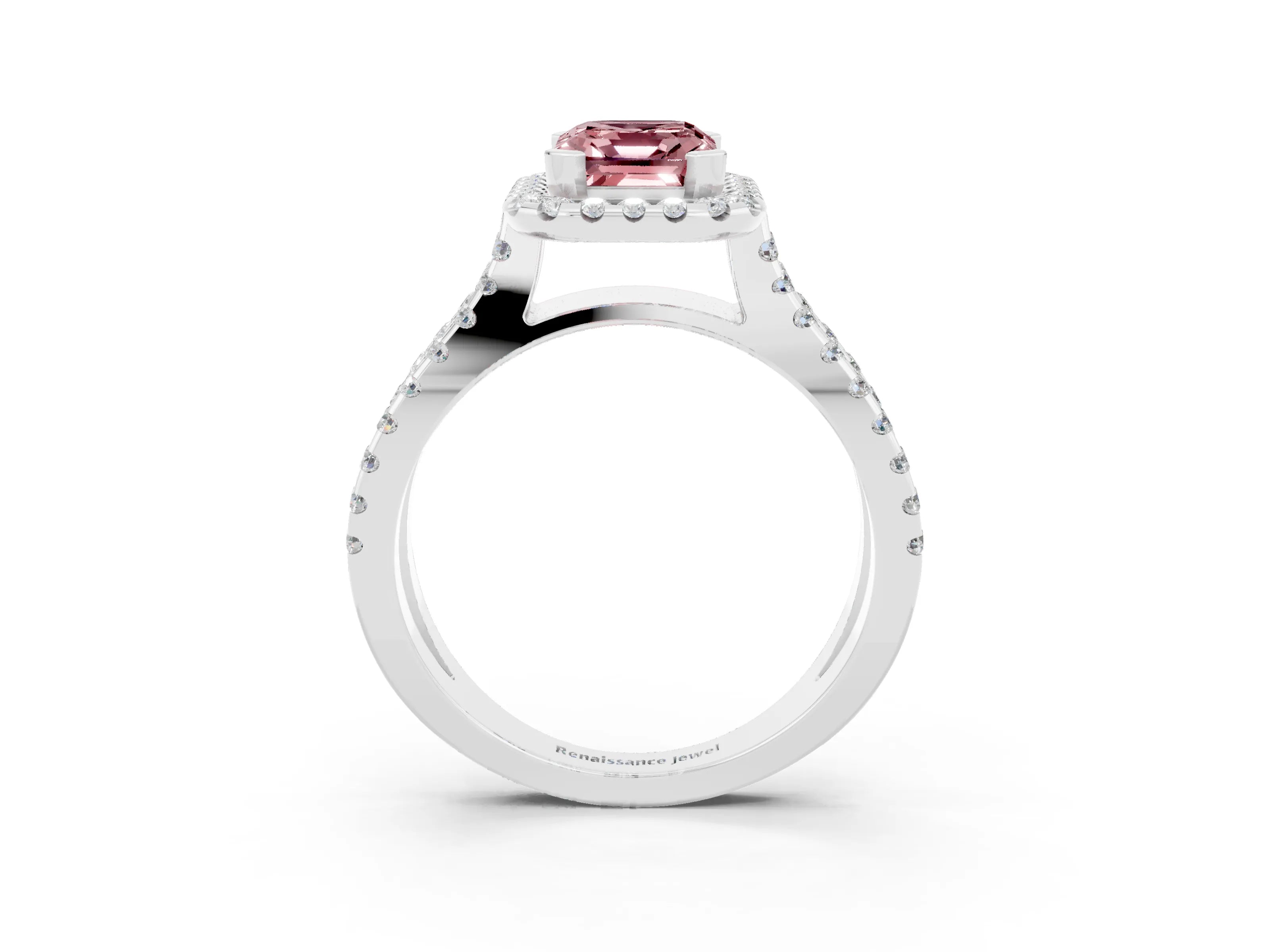 White gold Emerald Cut Morganite Halo Ring with Split Shank Pavé Band and Prong Setting_3