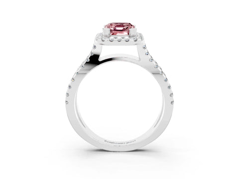 White gold Emerald Cut Morganite Halo Ring with Split Shank Pavé Band and Prong Setting_3