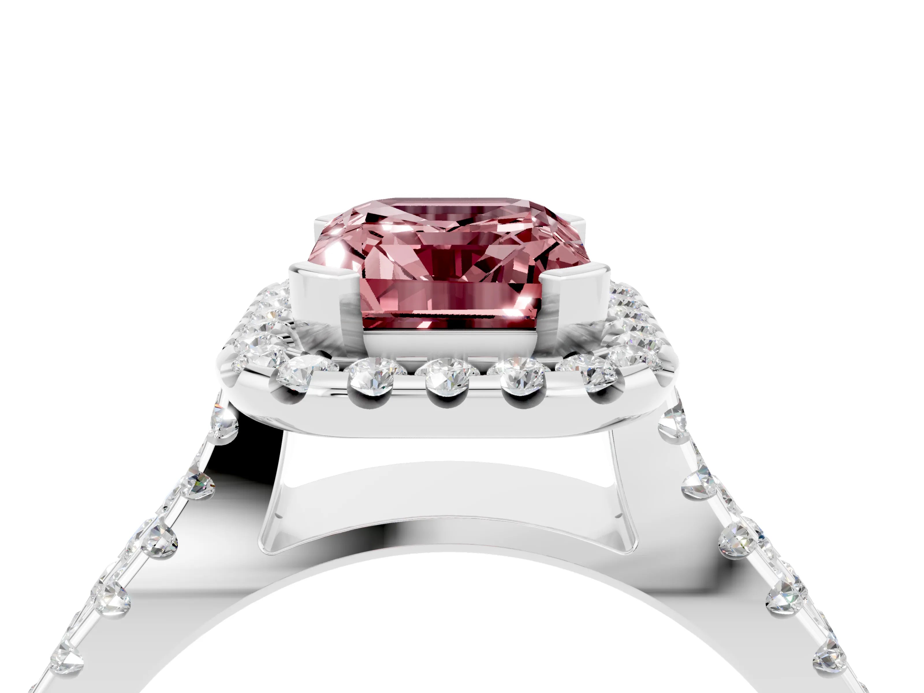 White gold Emerald Cut Morganite Halo Ring with Split Shank Pavé Band and Prong Setting_4