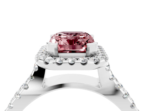White gold Emerald Cut Morganite Halo Ring with Split Shank Pavé Band and Prong Setting_4