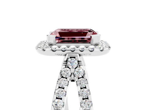 White gold Emerald Cut Morganite Halo Ring with Split Shank Pavé Band and Prong Setting_5