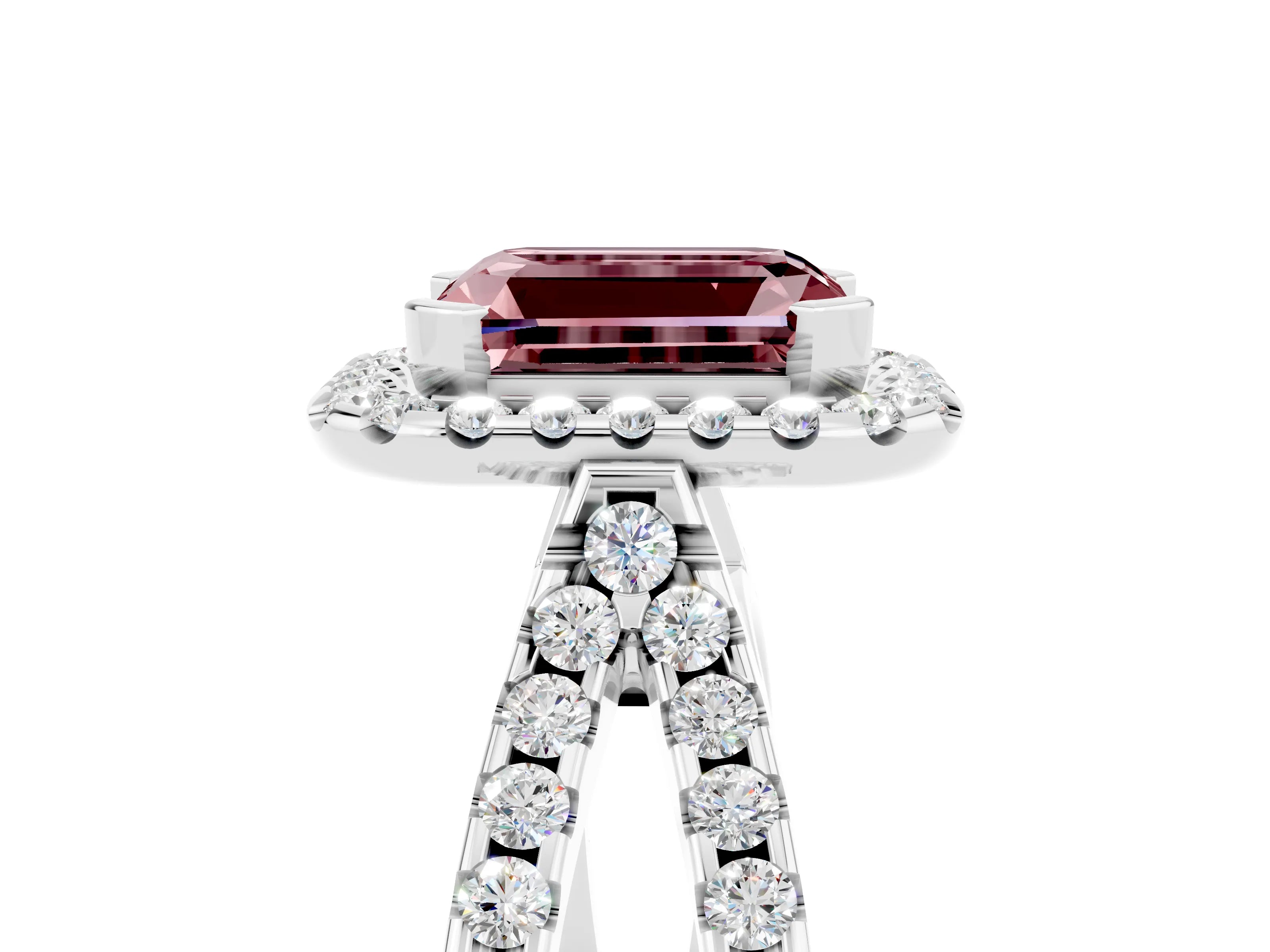 White gold Emerald Cut Morganite Halo Ring with Split Shank Pavé Band and Prong Setting_5