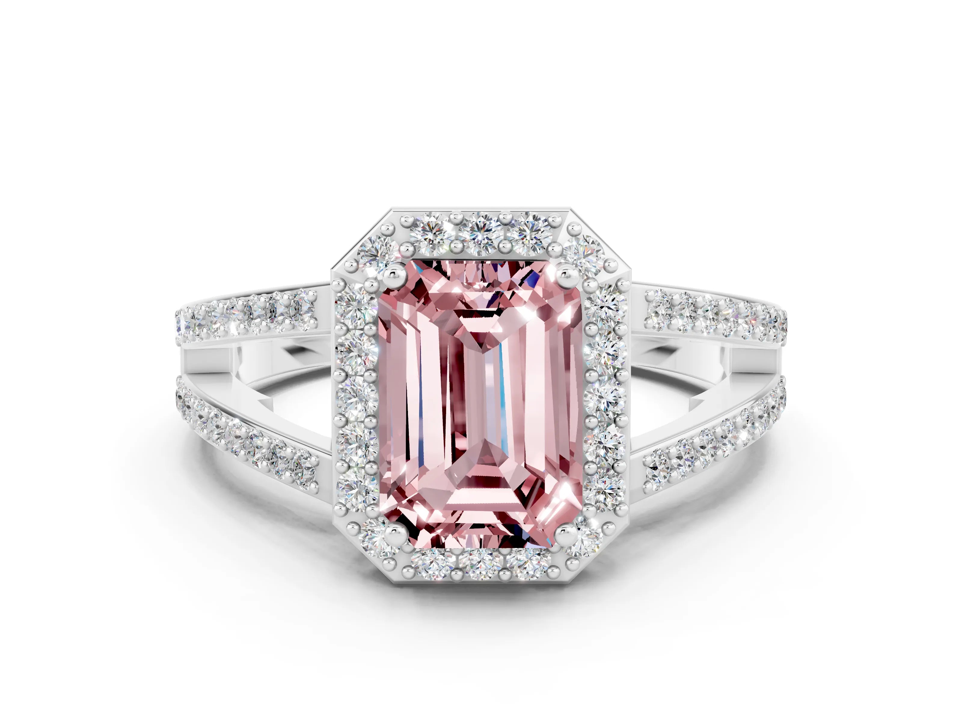 White gold Emerald Cut Morganite Halo Ring with Split Shank U-Prong Band and Four-Prong Setting