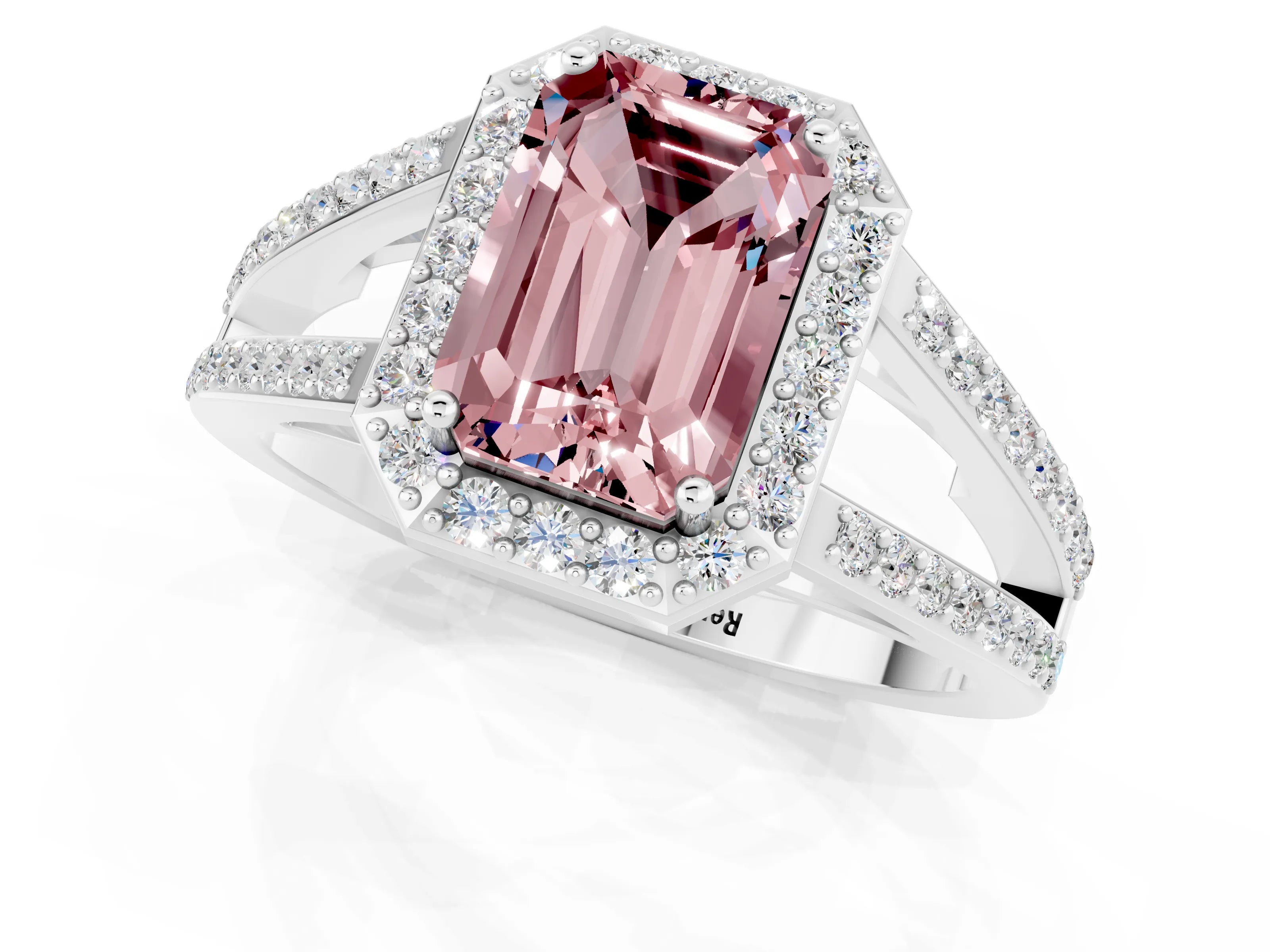 White gold Emerald Cut Morganite Halo Ring with Split Shank U-Prong Band and Four-Prong Setting_1