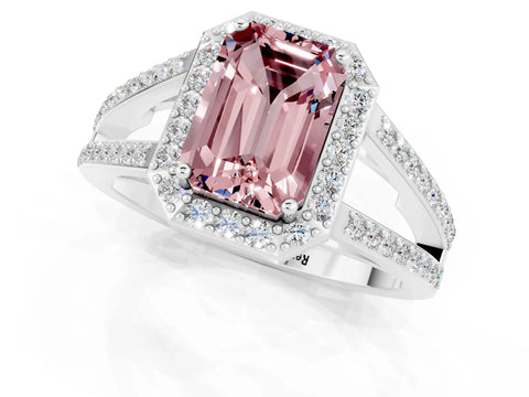White gold Emerald Cut Morganite Halo Ring with Split Shank U-Prong Band and Four-Prong Setting_1
