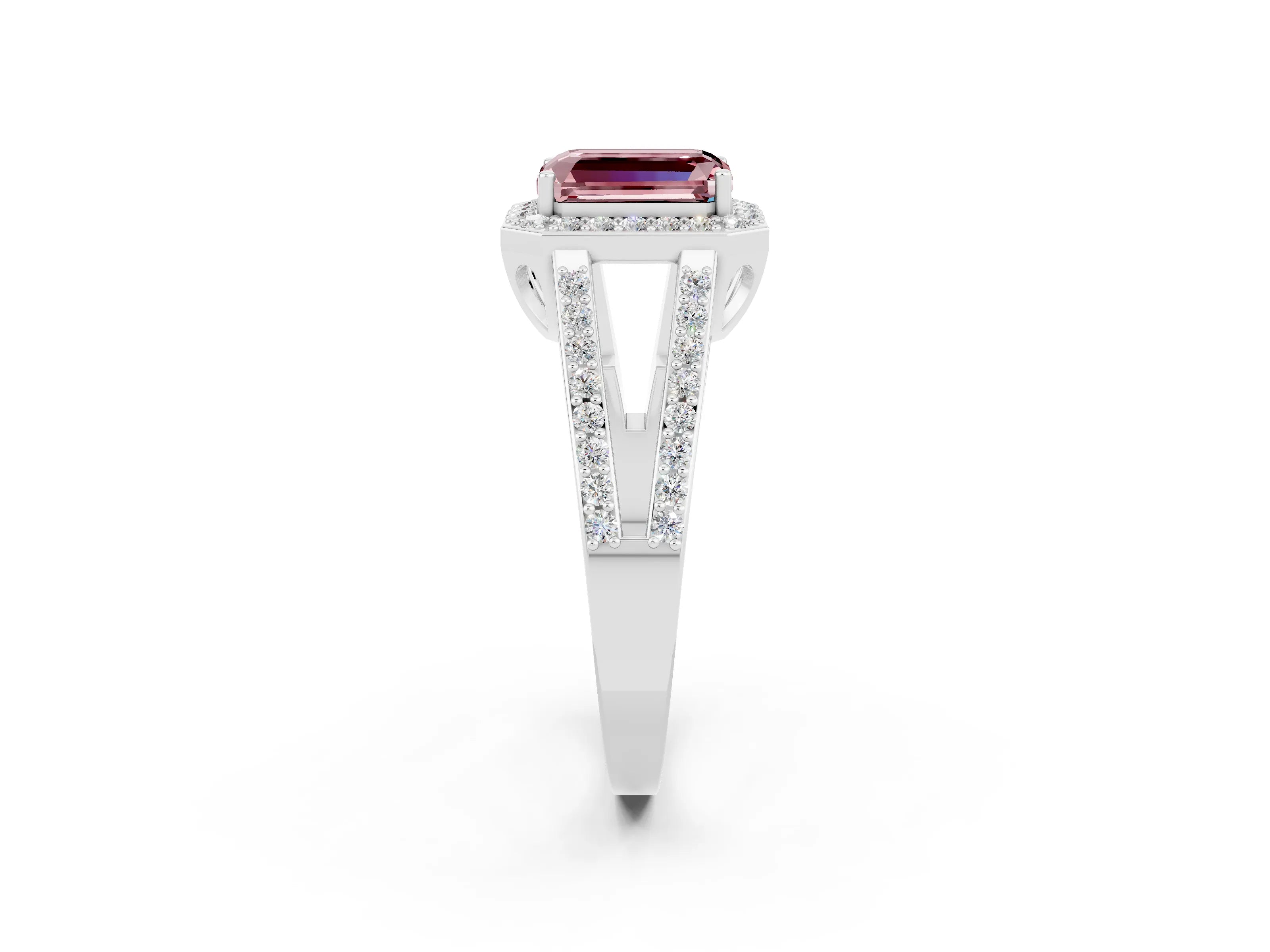 White gold Emerald Cut Morganite Halo Ring with Split Shank U-Prong Band and Four-Prong Setting_2