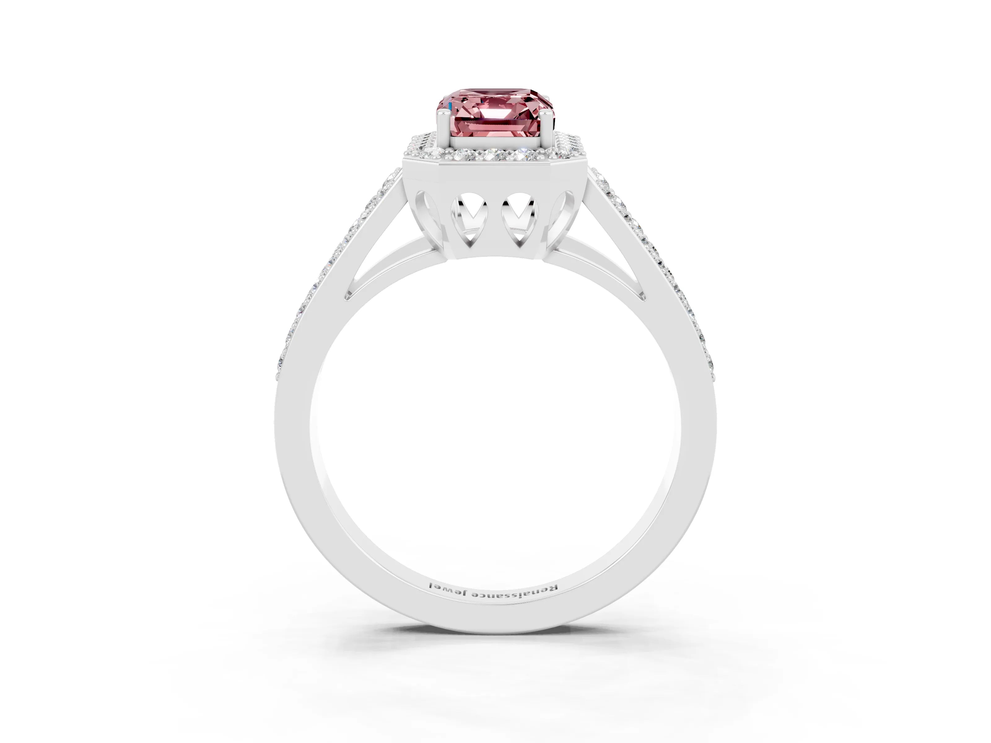 White gold Emerald Cut Morganite Halo Ring with Split Shank U-Prong Band and Four-Prong Setting_3