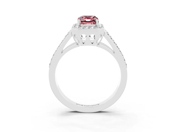 Silver Emerald Cut Morganite Halo Ring with Split Shank U-Prong Band and Four-Prong Setting