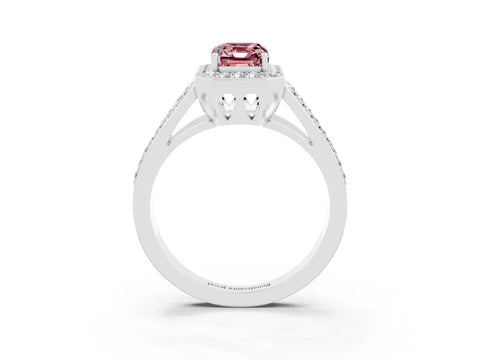 White gold Emerald Cut Morganite Halo Ring with Split Shank U-Prong Band and Four-Prong Setting_3