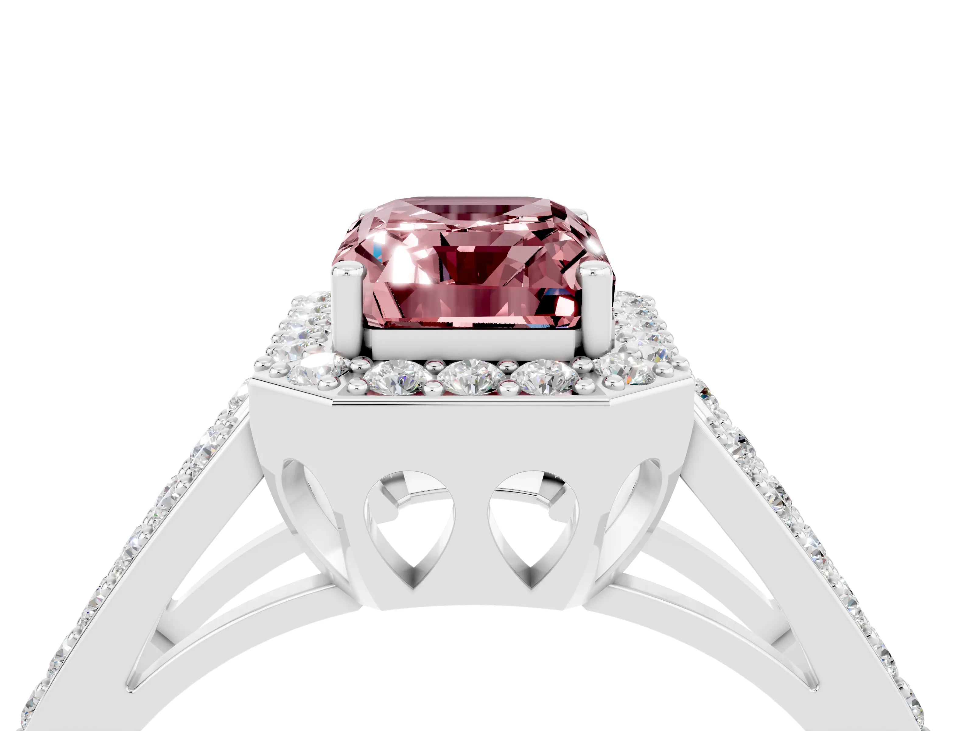 White gold Emerald Cut Morganite Halo Ring with Split Shank U-Prong Band and Four-Prong Setting_4