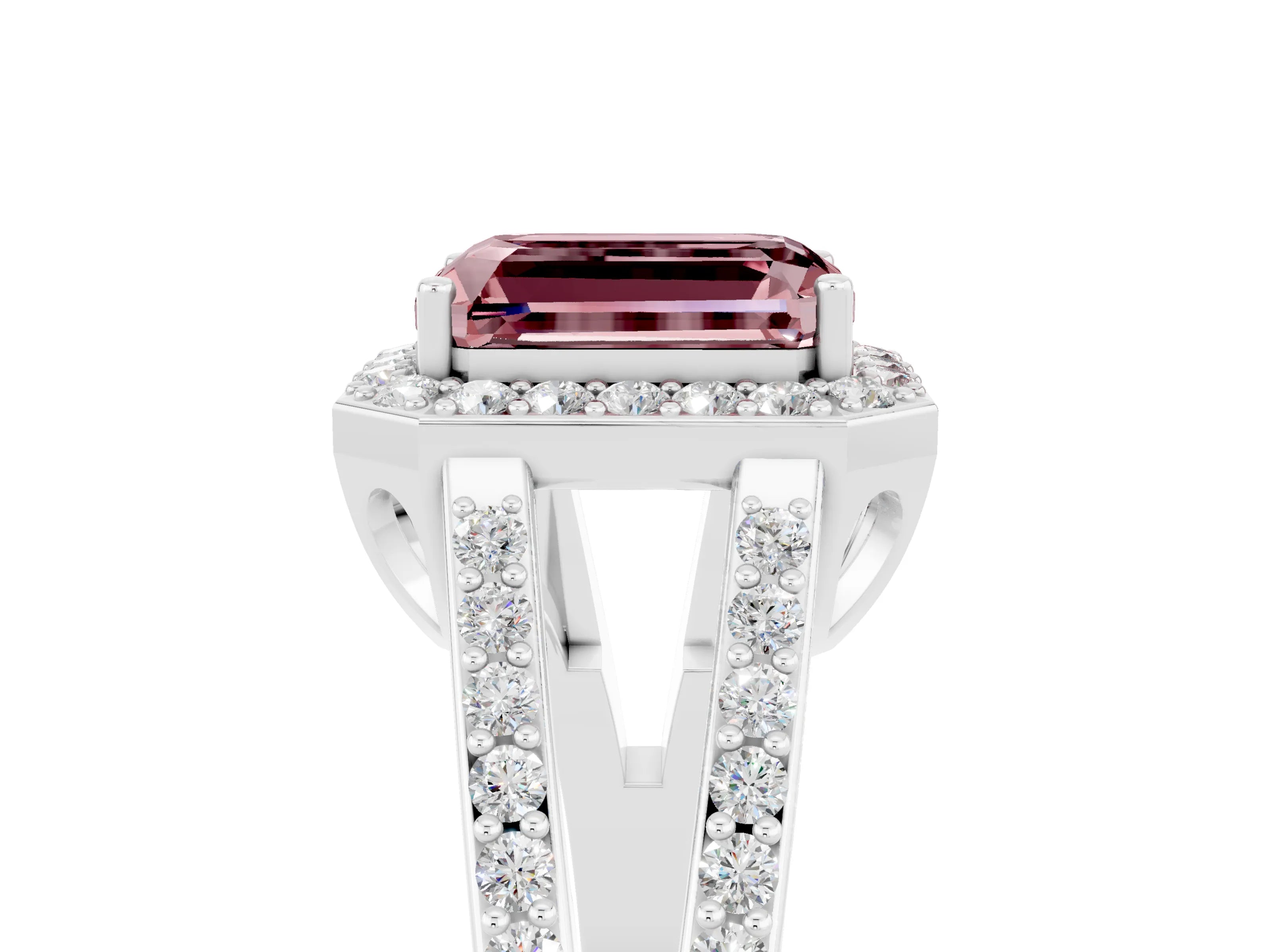 White gold Emerald Cut Morganite Halo Ring with Split Shank U-Prong Band and Four-Prong Setting_5