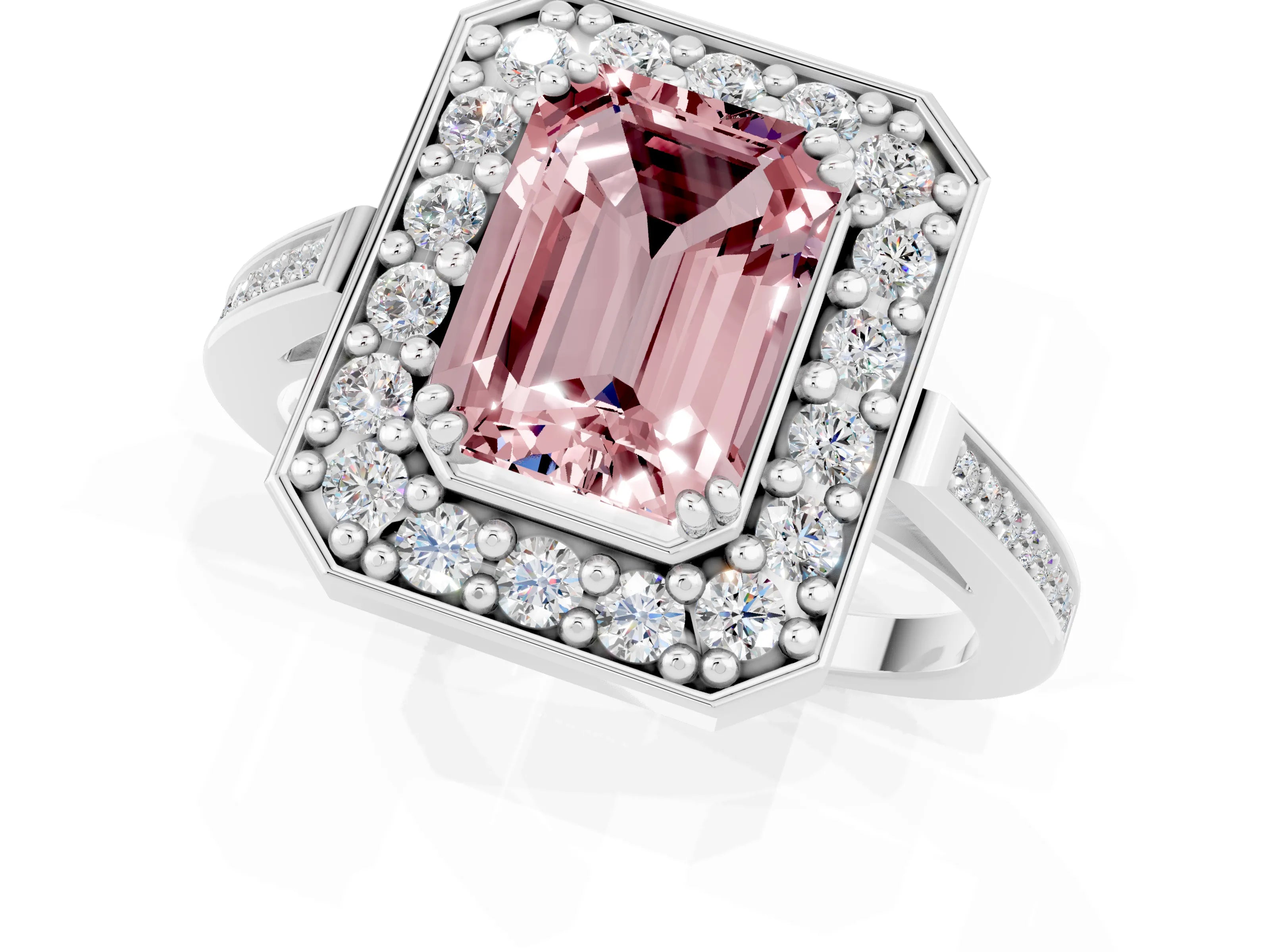 White gold Emerald Cut Morganite Halo Ring with Split Shank and Four-Prong Setting_1