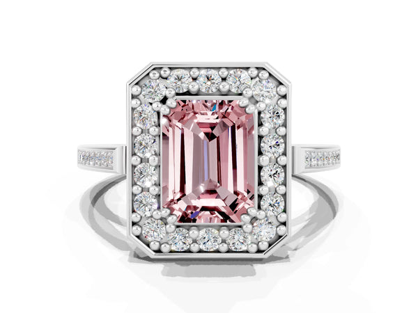 White gold Emerald Cut Morganite Halo Ring with Split Shank and Four-Prong Setting