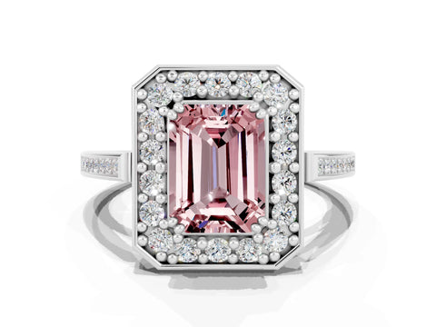 White gold Emerald Cut Morganite Halo Ring with Split Shank and Four-Prong Setting_12