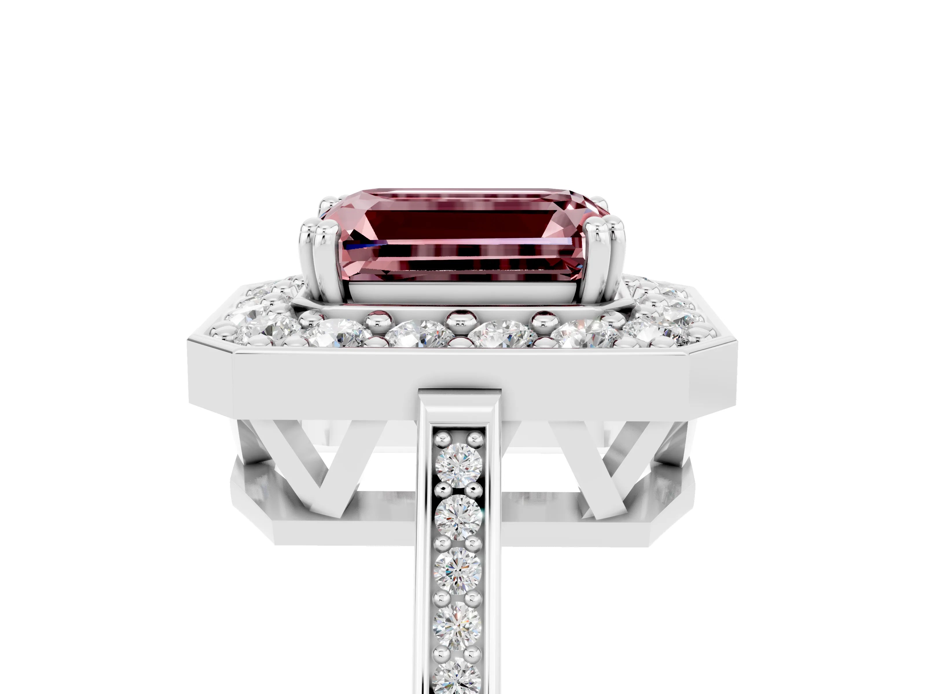 White gold Emerald Cut Morganite Halo Ring with Split Shank and Four-Prong Setting_17