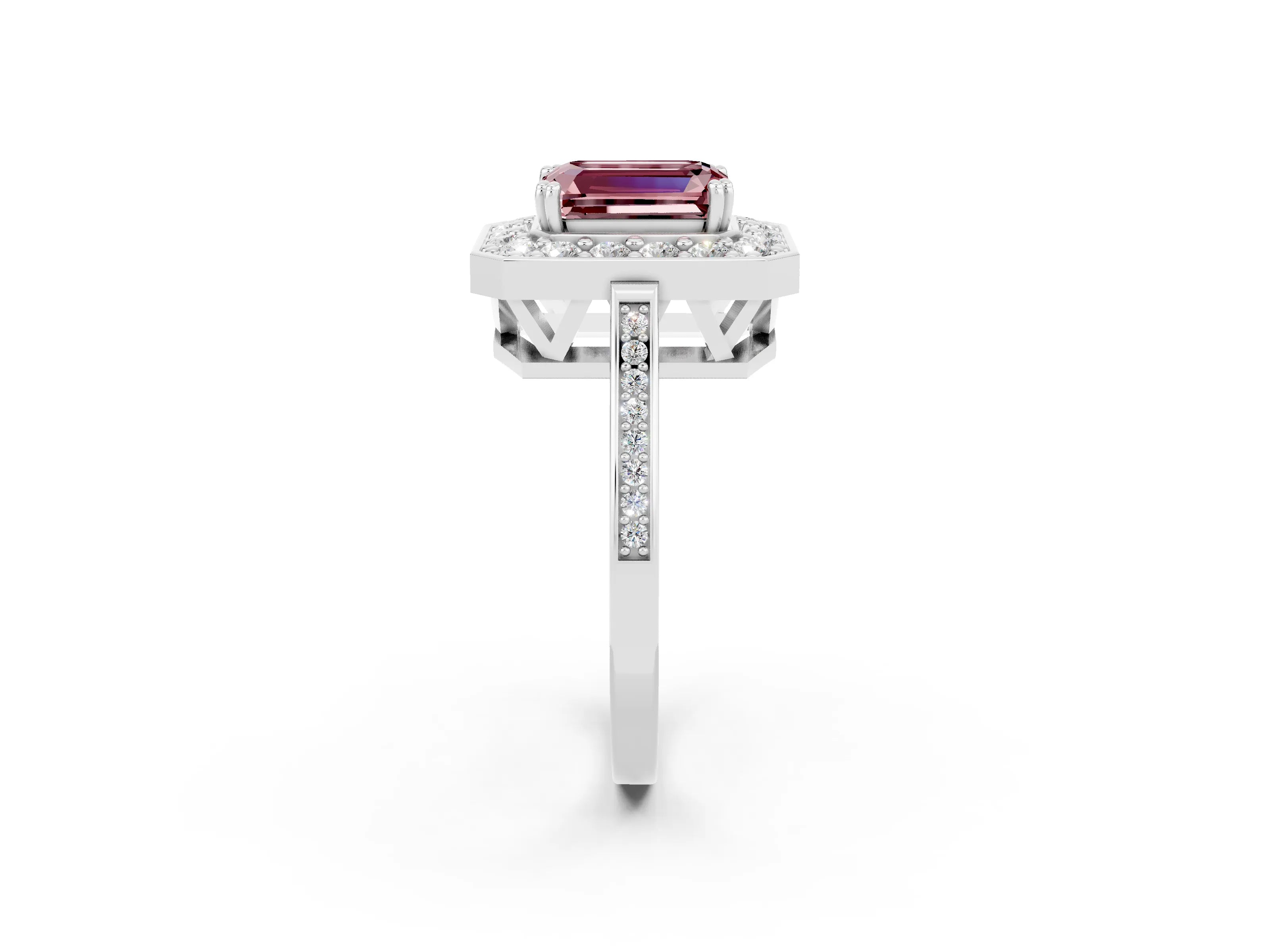 White gold Emerald Cut Morganite Halo Ring with Split Shank and Four-Prong Setting_2