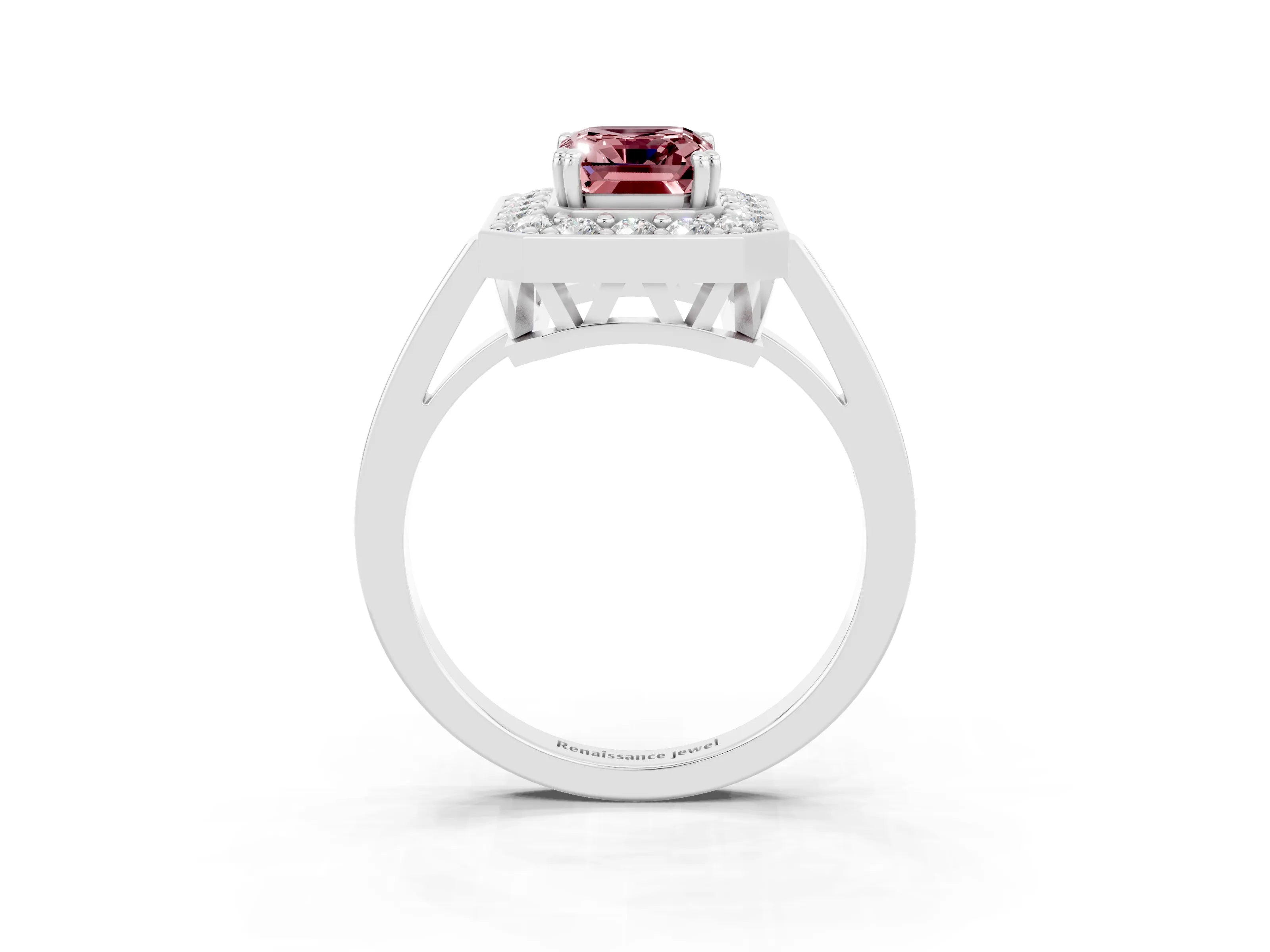 White gold Emerald Cut Morganite Halo Ring with Split Shank and Four-Prong Setting_3