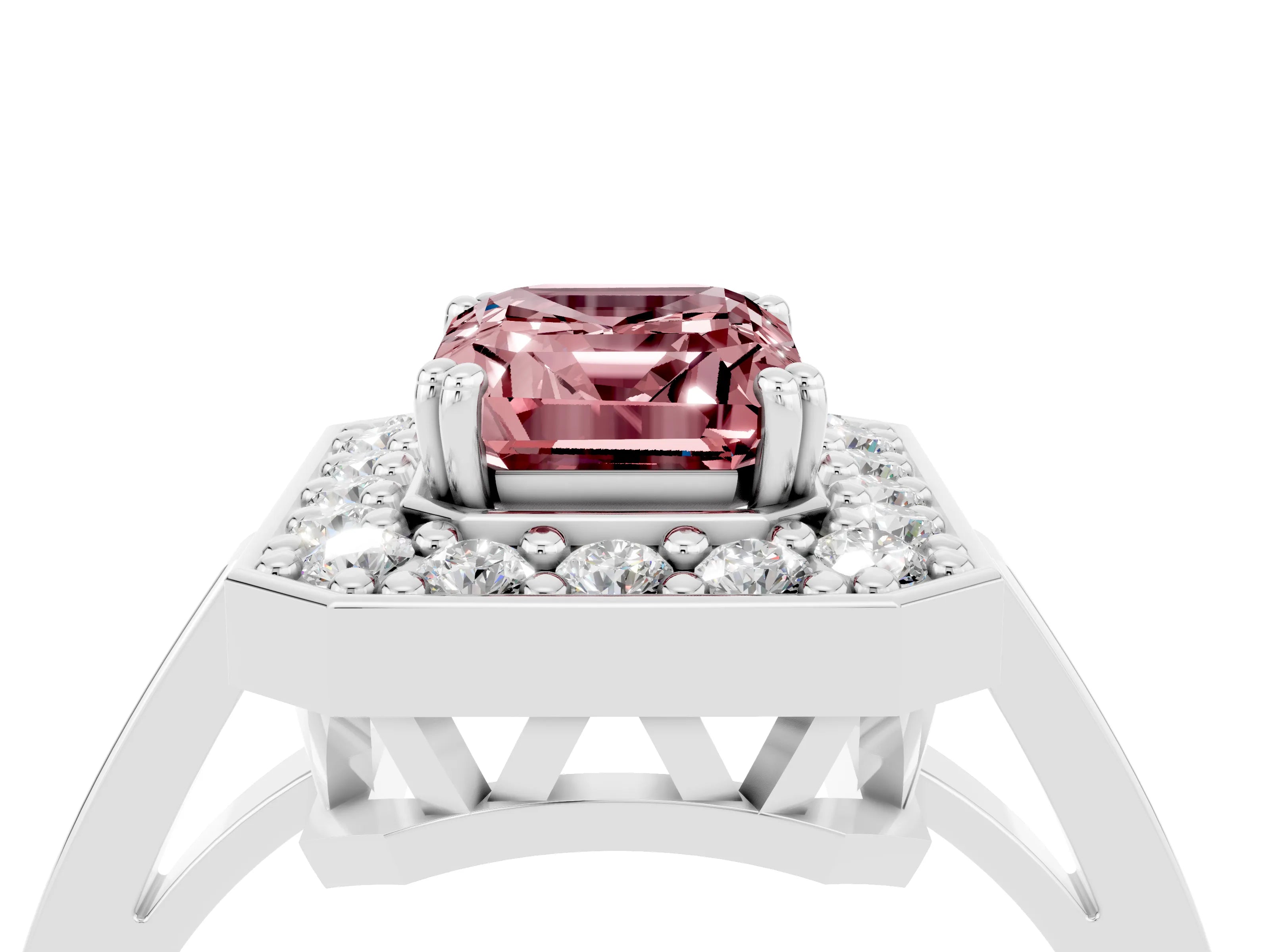 White gold Emerald Cut Morganite Halo Ring with Split Shank and Four-Prong Setting_4