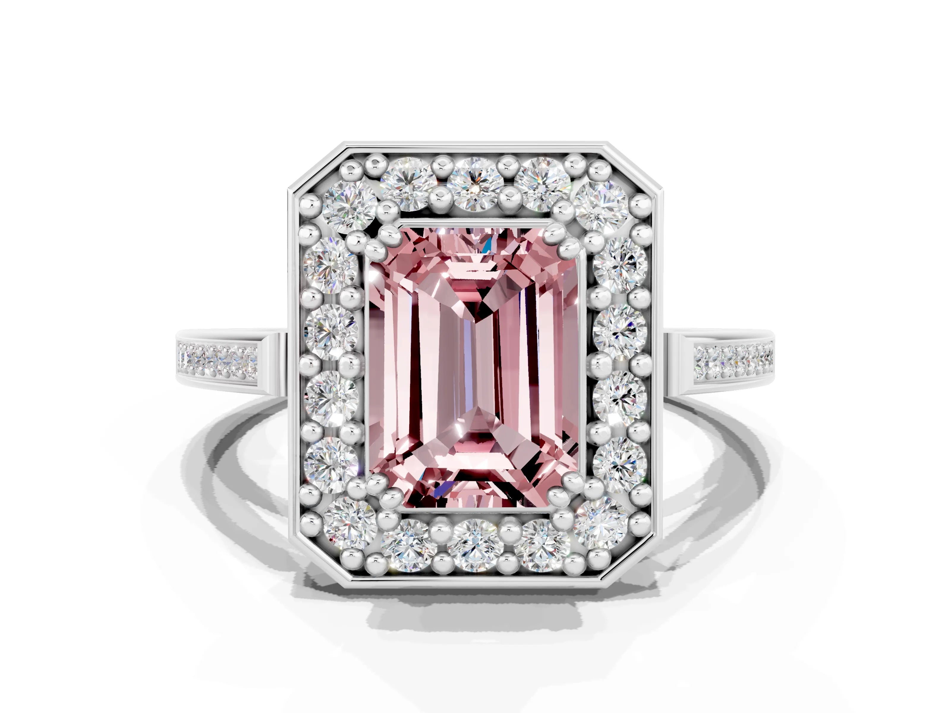 White gold Emerald Cut Morganite Halo Ring with Split Shank and Four-Prong Setting