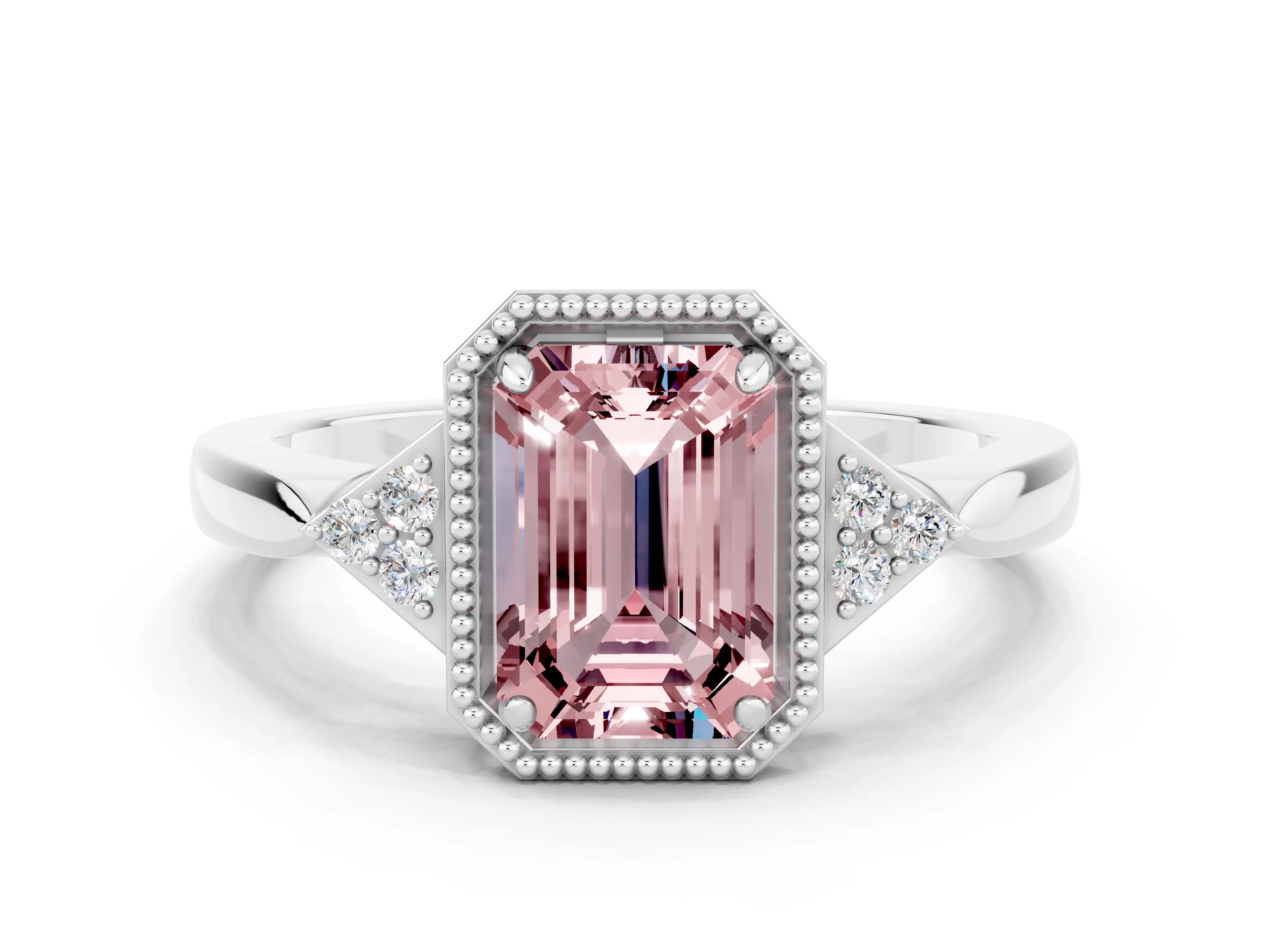 White gold Emerald Cut Morganite Halo Ring with Tapered Band and Four-Prong Setting