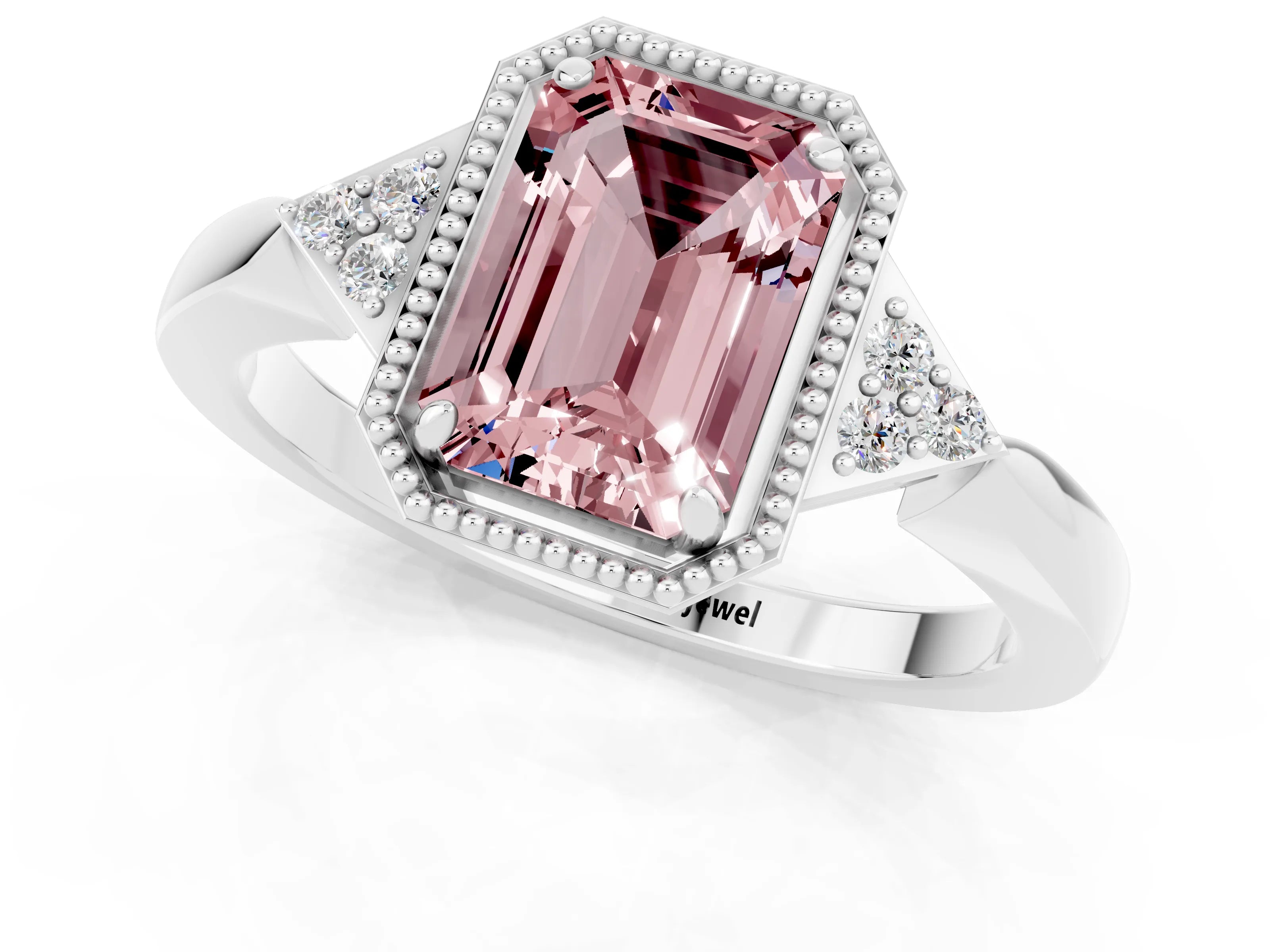 White gold Emerald Cut Morganite Halo Ring with Tapered Band and Four-Prong Setting_1