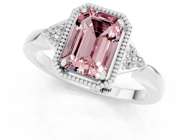 Silver Emerald Cut Morganite Halo Ring with Tapered Band and Four-Prong Setting