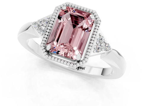 White gold Emerald Cut Morganite Halo Ring with Tapered Band and Four-Prong Setting_1