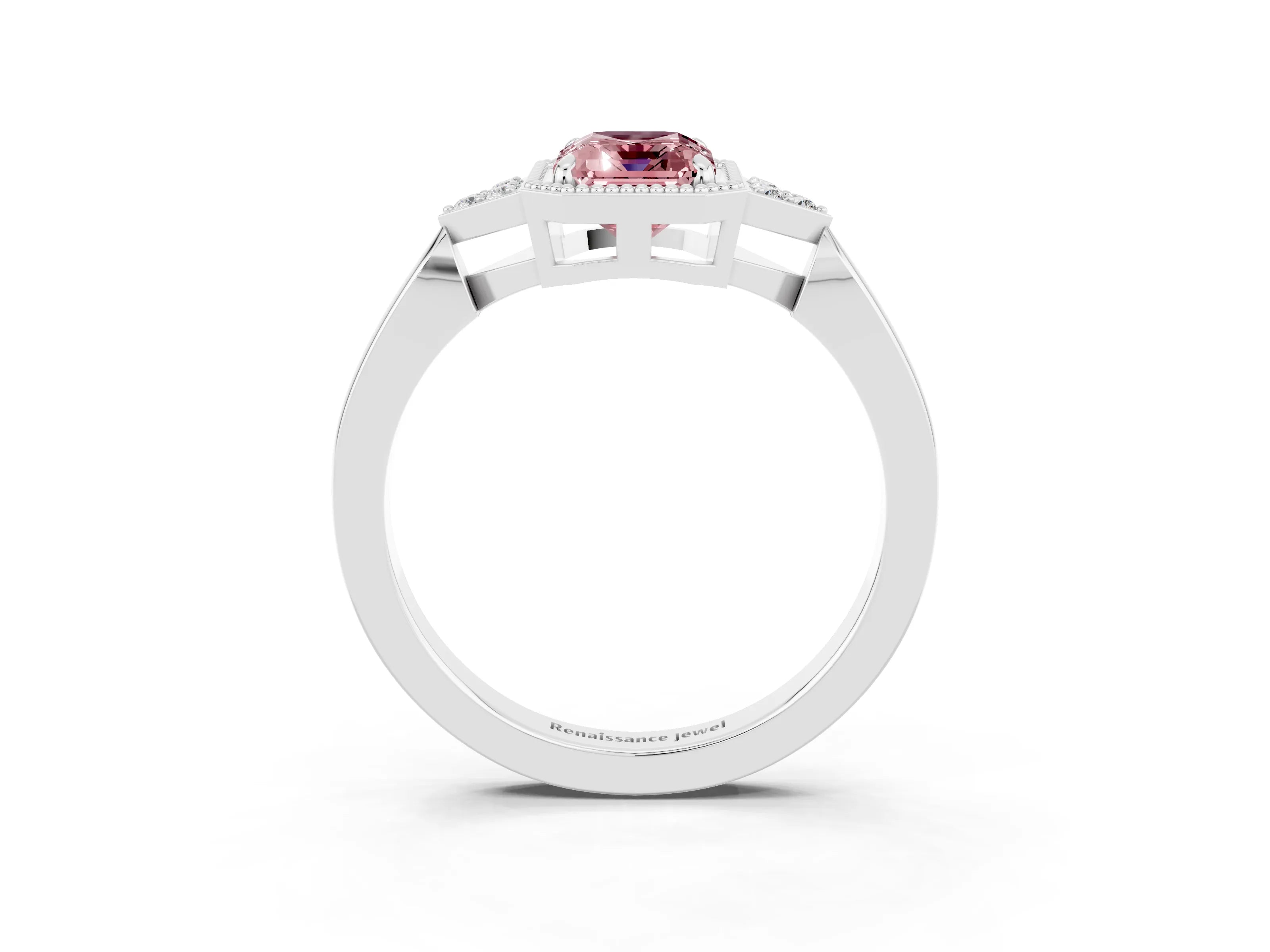 White gold Emerald Cut Morganite Halo Ring with Tapered Band and Four-Prong Setting_3