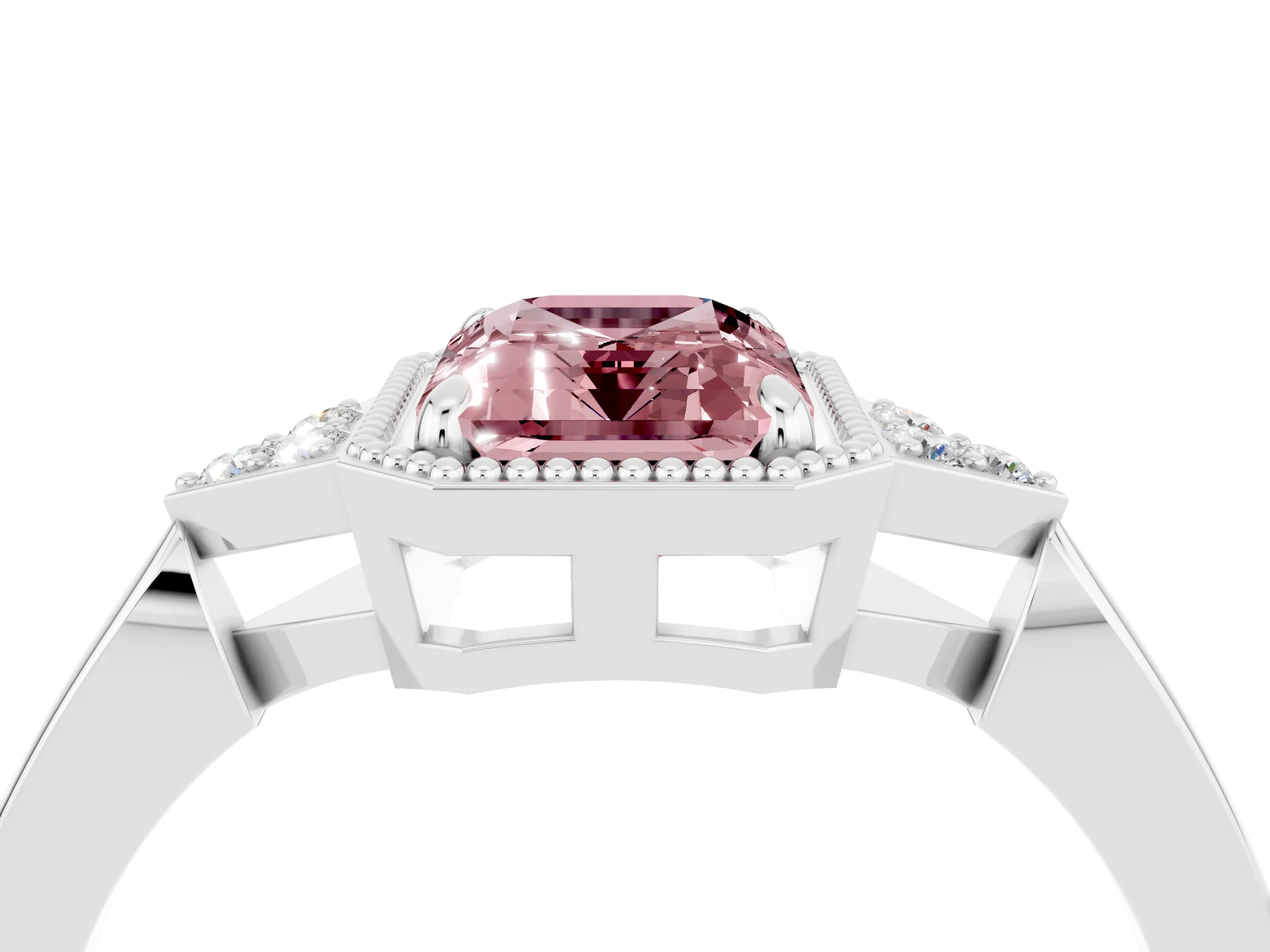 White gold Emerald Cut Morganite Halo Ring with Tapered Band and Four-Prong Setting_4