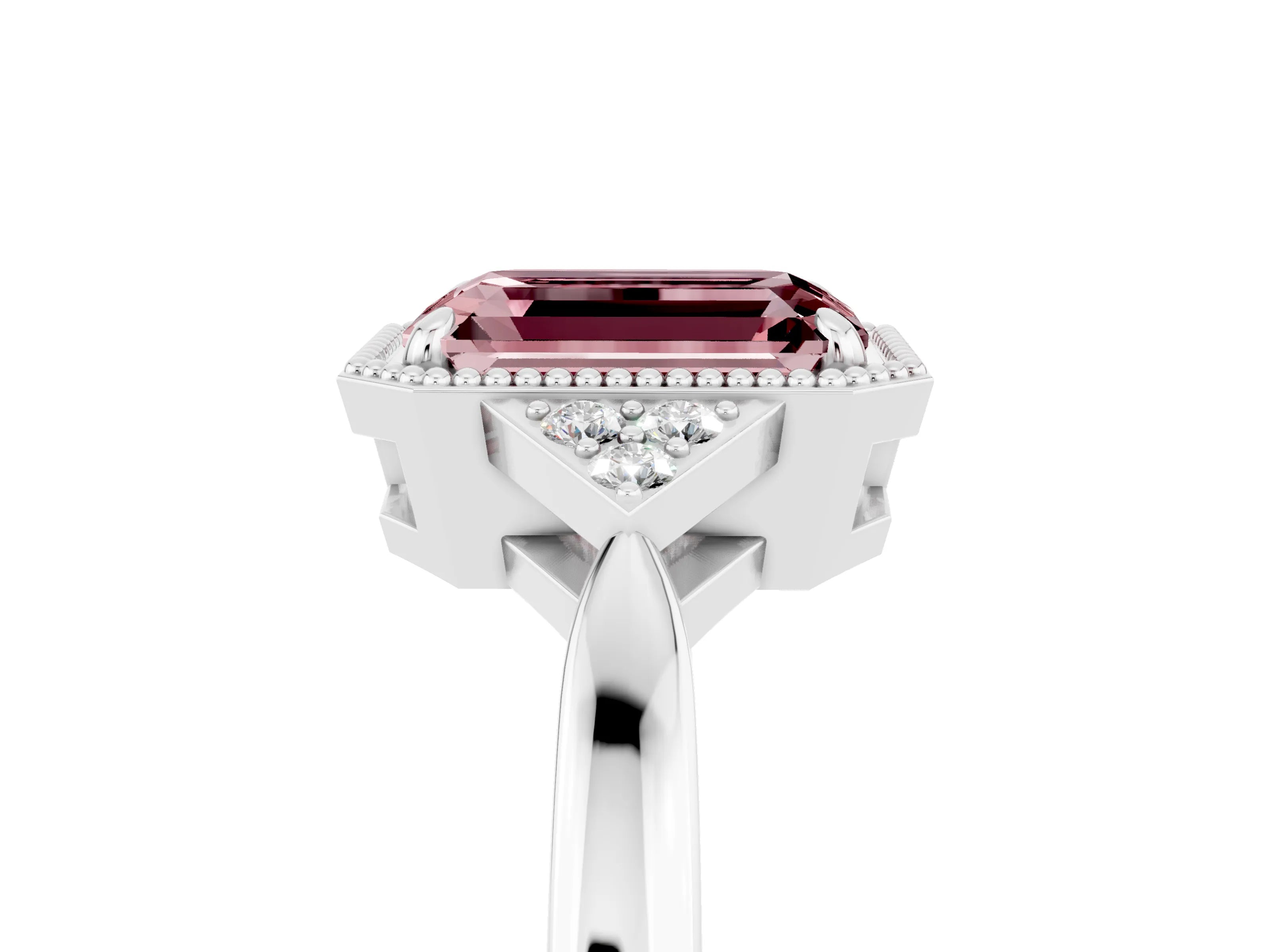 White gold Emerald Cut Morganite Halo Ring with Tapered Band and Four-Prong Setting_5
