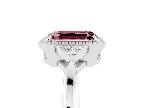 White gold Emerald Cut Morganite Halo Ring with Tapered Band and Four-Prong Setting_5