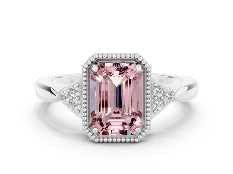 White gold Emerald Cut Morganite Halo Ring with Tapered Band and Four-Prong Setting