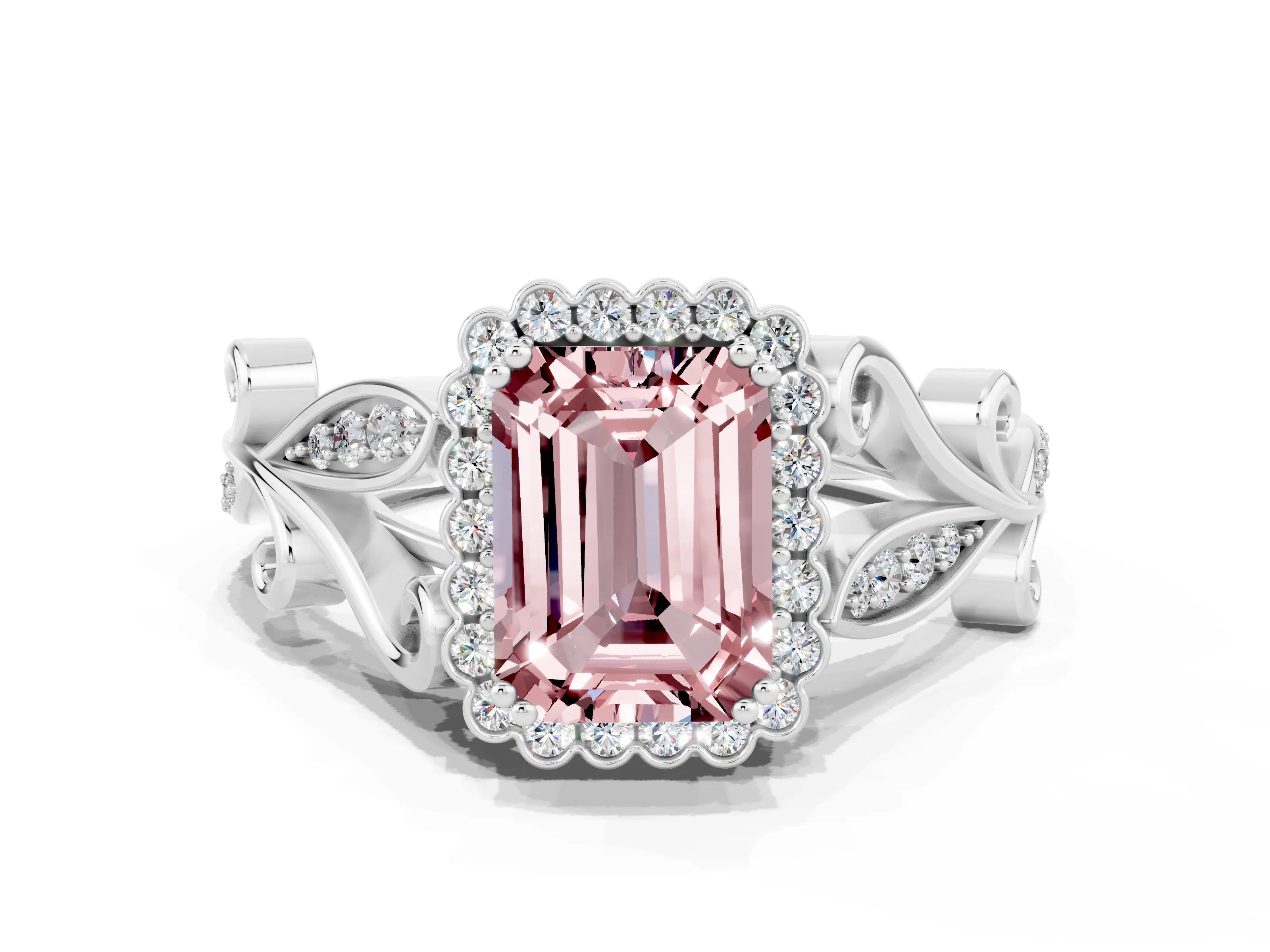 White gold Emerald Cut Morganite Halo Ring with Vintage Split Shank and Four-Prong Setting_24